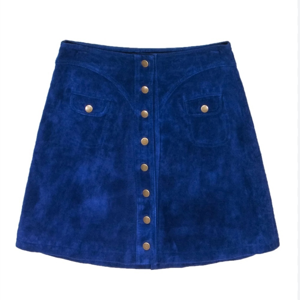Anthropologie Vintage Suede 70’s Inspired Button-Front Skirt Cobalt